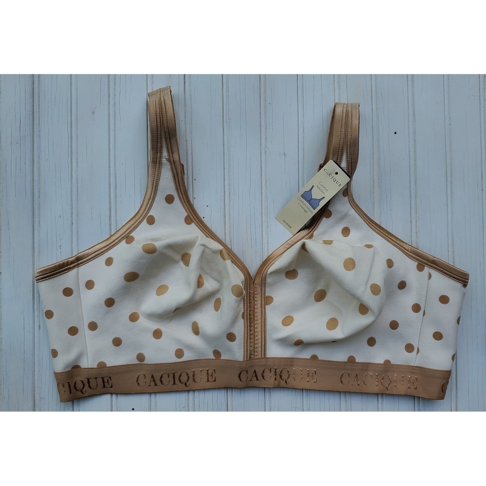 Cacique 42D Bra Beige Lightly Lined No Wire Back Closure Wireless Stretch Polka